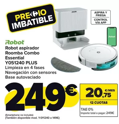 Oferta de Irobot - Robot Aspirador Roomba Combo Essential Y051240 Plus por 249€ en Carrefour