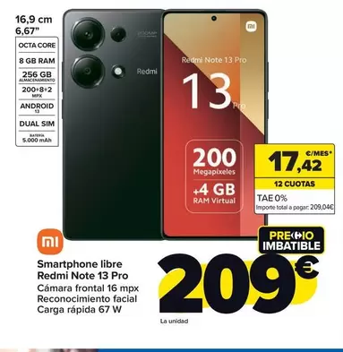 Oferta de Xiaomi - Smartphone Libre Redmi Note 13 Pro por 209€ en Carrefour