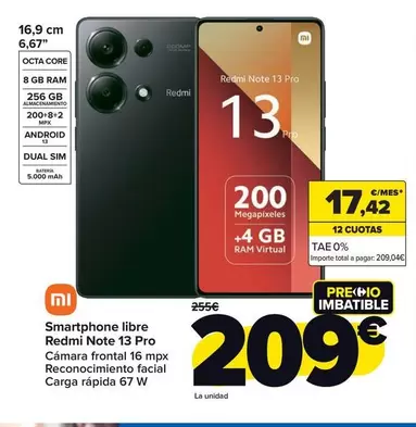 Oferta de Xiaomi - Smartphone Libre Redmi Note 13 Pro por 209€ en Carrefour