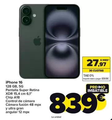 Oferta de Apple - Iphone 16 por 839€ en Carrefour