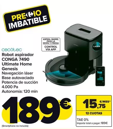 Oferta de Cecotec - Robot Aspirador Conga 7490 Ultimate Home Genesis por 189€ en Carrefour