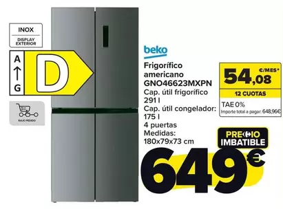 Oferta de Beko - Frigorífico Americano  Gno46623mxpn por 649€ en Carrefour