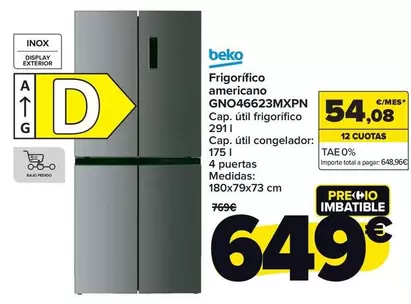 Oferta de Beko - Frigorífico Americano  Gno46623mxpn por 649€ en Carrefour