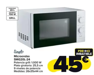 Oferta de Simply - Microondas Smg20l-24 por 45€ en Carrefour