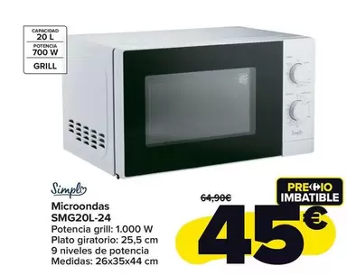 Oferta de Simply - Microondas Smg20l-24 por 45€ en Carrefour