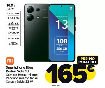 Oferta de Xiaomi - Smartphone Libre Redmi Note 13 por 165€ en Carrefour