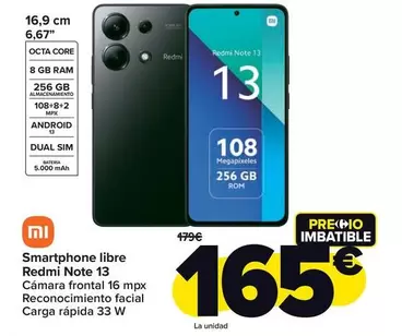 Oferta de Xiaomi - Smartphone Libre Redmi Note 13 por 165€ en Carrefour