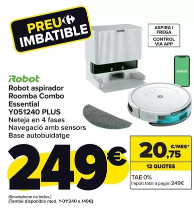 Oferta de Irobot - Robot Aspirador Roomba Combo Essential Y051240 Plus por 249€ en Carrefour