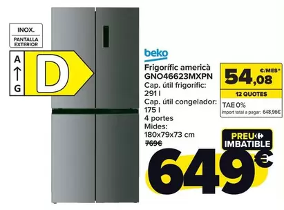 Oferta de Beko - Frigorífico Americano  Gno46623mxpn por 649€ en Carrefour