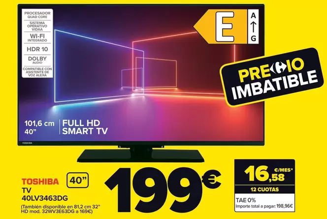 Oferta de Toshiba - Tv 40lv3463dg por 199€ en Carrefour