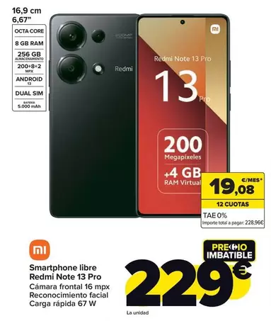 Oferta de Xiaomi - Smartphone Libre Redmi Note 13 Pro por 229€ en Carrefour