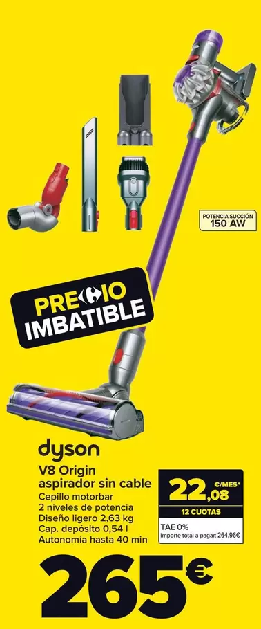 Oferta de Dyson - V8 Origin Aspirador Sin Cable por 265€ en Carrefour