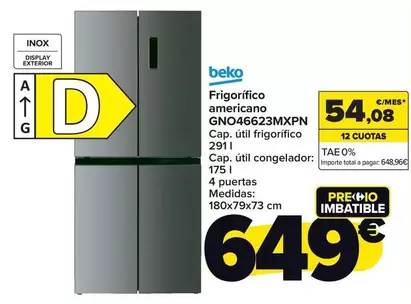 Oferta de Beko - Frigorífico Americano  Gno46623mxpn por 649€ en Carrefour