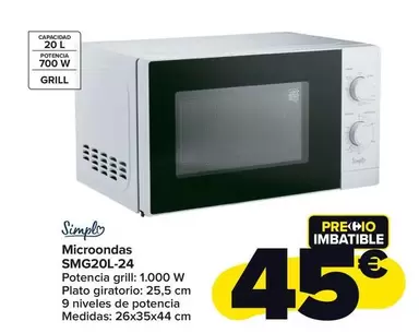 Oferta de Simply - Microondas Smg20l-24 por 45€ en Carrefour