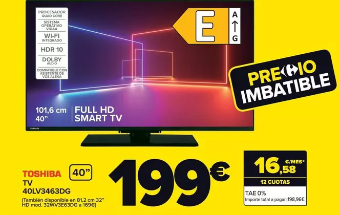 Oferta de Toshiba - Tv 40lv3463dg por 199€ en Carrefour