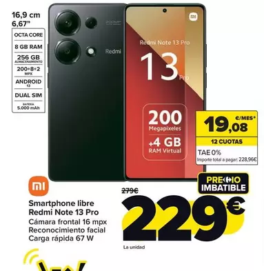 Oferta de Xiaomi - Smartphone Libre Redmi Note 13 Pro por 229€ en Carrefour