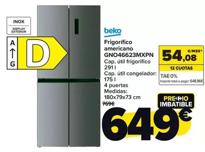 Oferta de Beko - Frigorífico Americano  Gno46623mxpn por 649€ en Carrefour