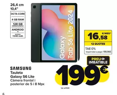 Oferta de Samsung - Tablet Galaxy S6 Lite por 199€ en Carrefour