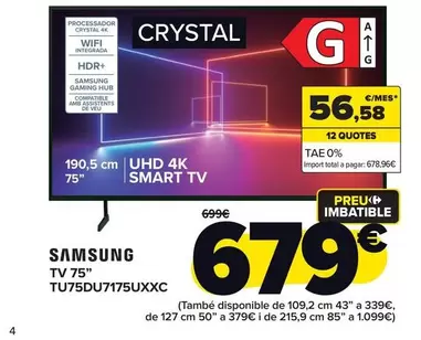 Oferta de Samsung - TV 75" TU75DU7175UXXC por 679€ en Carrefour