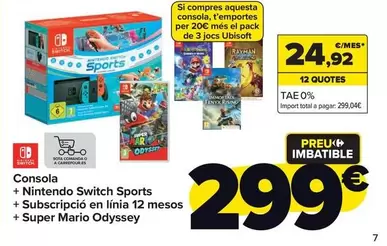 Oferta de Nintendo SWITCH - Consola + Switch Sports + Suscipricion Online 12 Meses + Super Mario Odyssey por 299€ en Carrefour