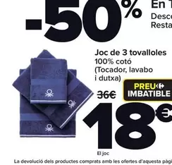 Oferta de Set 3 Toallas 100% Algodón por 18€ en Carrefour