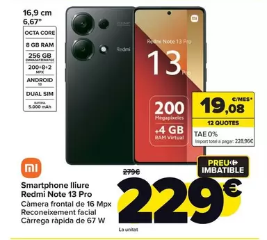 Oferta de Xiaomi - Smartphone Libre Redmi Note 13 Pro por 229€ en Carrefour