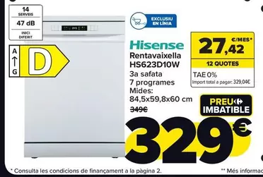 Oferta de Hisense - Lavavajillas HSC23D10W por 329€ en Carrefour