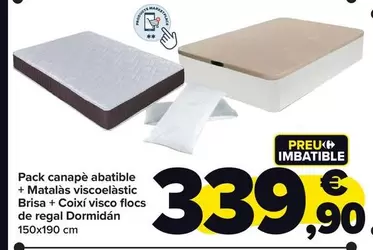 Oferta de Pack Canapé Abatible + Colchón Viscoelastico Brisa + Almohada Visco Copos De Regalo Dormidan por 339,9€ en Carrefour