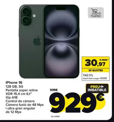 Oferta de Apple - Iphone 16 por 929€ en Carrefour