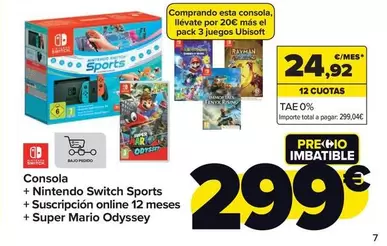 Oferta de Nintendo SWITCH - Consola + Switch Sports + Suscipricion Online 12 Meses + Super Mario Odyssey por 299€ en Carrefour