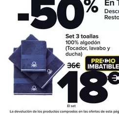 Oferta de Set 3 Toallas 100% Algodón por 18€ en Carrefour