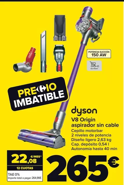 Oferta de Dyson - V8 Origin Aspirador Sin Cable por 265€ en Carrefour