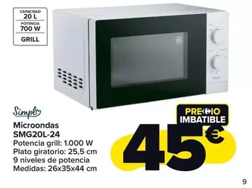 Oferta de Simply - Microondas SMG20L-24 por 45€ en Carrefour