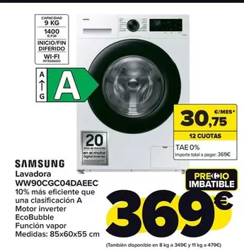 Oferta de Samsung - Lavadora WW90CGC04DAEEC por 369€ en Carrefour