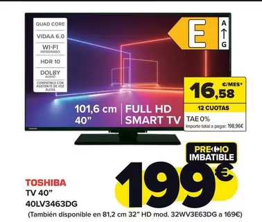 Oferta de Toshiba - Tv 40" 40LV3463DG por 199€ en Carrefour