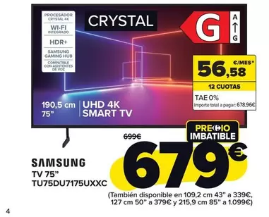 Oferta de Samsung - TV 75" TU75DU7175UXXC por 679€ en Carrefour