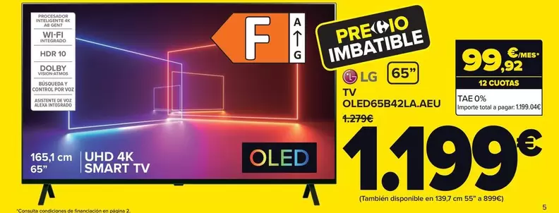 Oferta de LG - Oled OLED65B42LA.AEU por 1199€ en Carrefour