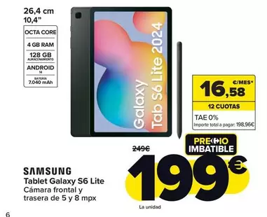 Oferta de Samsung - Tablet Galaxy S6 Lite por 199€ en Carrefour