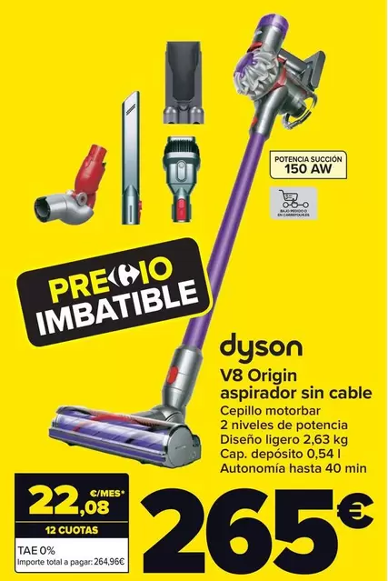 Oferta de Dyson - V8 Origin Aspirador Sin Cable por 265€ en Carrefour