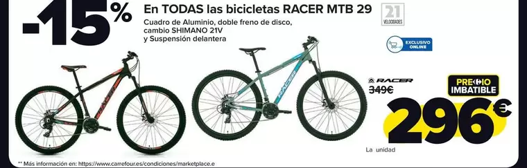 Oferta de Racer - En Todas Las Bicicletas Mtb 29 por 296€ en Carrefour