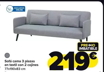 Oferta de Sofa cama 3 plazas en textil con 2 cojines por 219€ en Carrefour