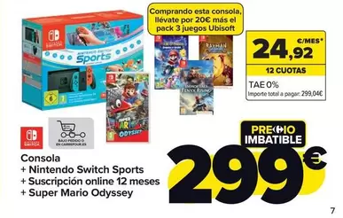 Oferta de Nintendo SWITCH - Consola + Switch Sports + Suscipricion Online 12 Meses + Super Mario Odyssey por 299€ en Carrefour