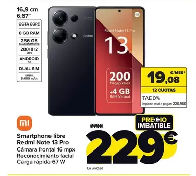 Oferta de Xiaomi - Smartphone Libre Redmi Note 13 Pro por 229€ en Carrefour