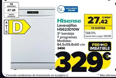 Oferta de Hisense - Lavavajillas HSC23D10W por 329€ en Carrefour