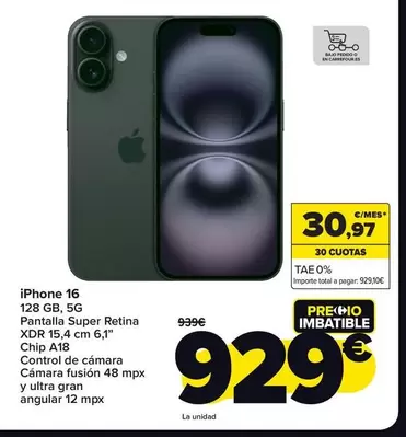 Oferta de Apple - Iphone 16 por 929€ en Carrefour