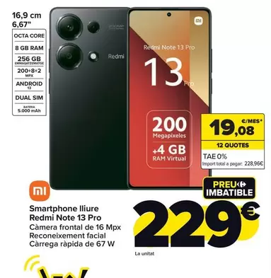 Oferta de Xiaomi - Smartphone Libre Redmi Note 13 Pro por 229€ en Carrefour