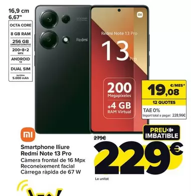 Oferta de Xiaomi - Smartphone Libre Redmi Note 13 Pro por 229€ en Carrefour