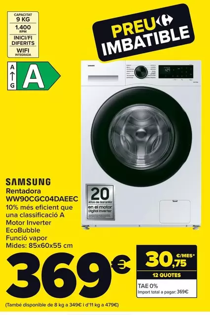 Oferta de Samsung - Lavadora  Ww90cgc04daeec por 369€ en Carrefour