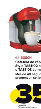 Oferta de Bosch - Cafetera De Cápsulas Style TAS1102 Negra O TAS1103 Roja por 35€ en Carrefour