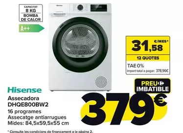 Oferta de Hisense - Secadora Dhqe800bw2 por 379€ en Carrefour